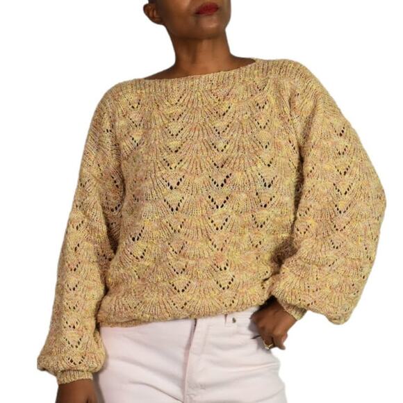 Vintage Boat Neck Sweater Balloon Sleeve Slouchy Open Knit Neutral Size Small - Picture 10 of 12